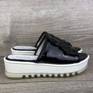 KaLaCA Women’s Sz 7.5/EU 38 Black Patent Leather “Skull” Platform Sandal 891-1